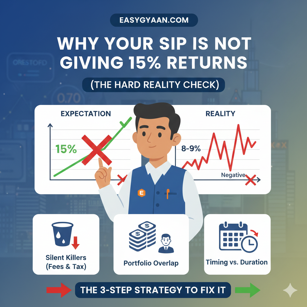 Educational chart for easygyaan.com listing 5 common SIP mistakes in India like stopping SIPs in market dips and choosing regular plans.