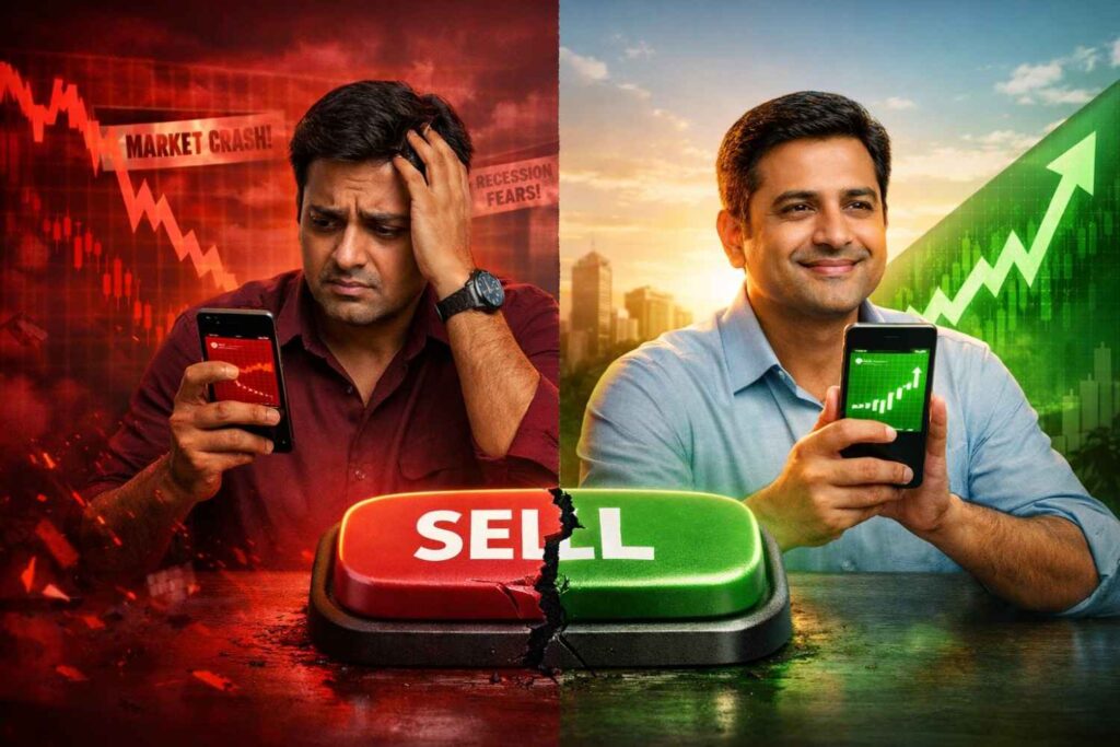 Stock market fall vs recovery comparison: Panic selling leads to loss while staying invested in SIPs creates wealth for Indian investors."